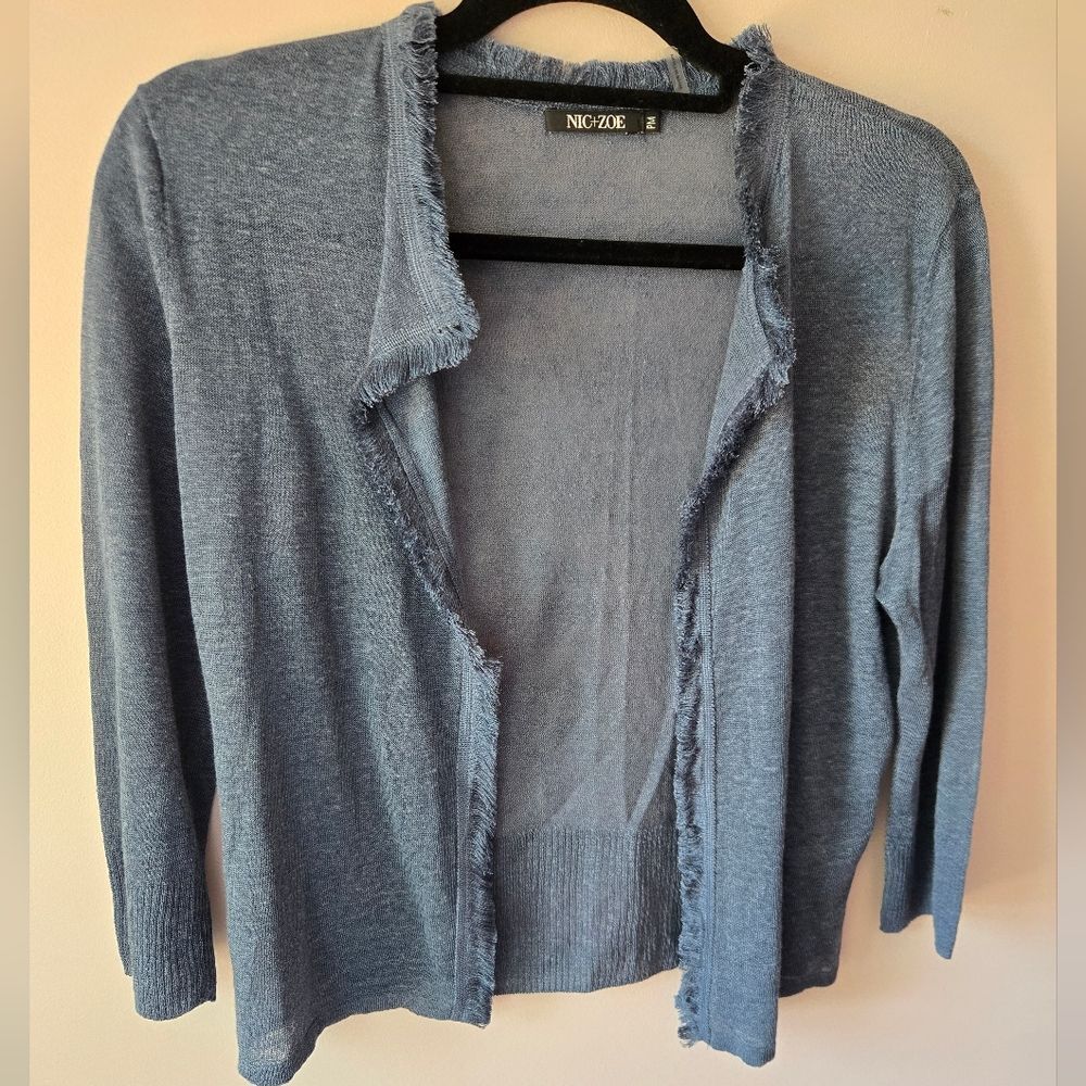 NIC+ZOE Blue Linen Blend Fringe Trim Cardigan - Petite Medium